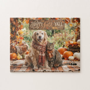 Happy Fall Y'all Golden Retriever and Cat Jigsaw Puzzle