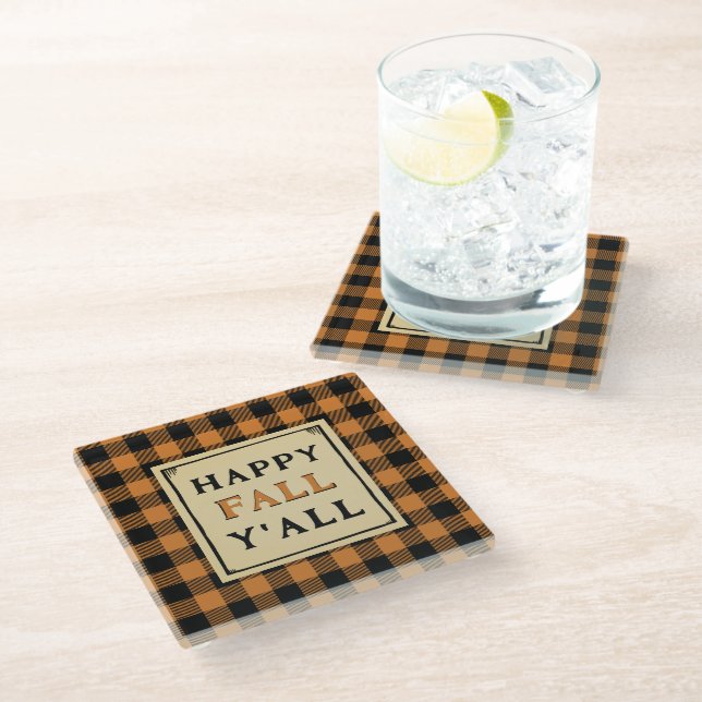  happy fall y'all orange check throw pillow glass coaster (Angled)
