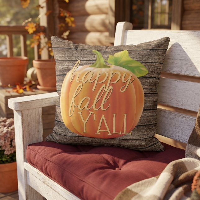 Happy Fall Y'all Orange Pumpkin on Planks Pattern Cushion (Creator Uploaded)