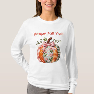 Happy Fall Y'All Patchwork Embroidered Pumpkin T-Shirt