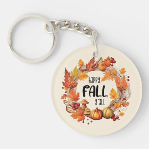 Happy Fall Y'all – Pumpkin & Autumn Leaves Wreath Key Ring