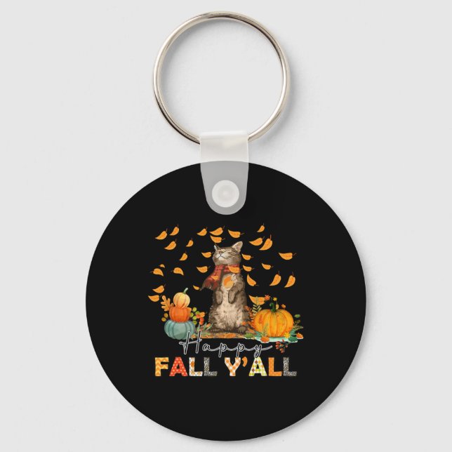 Happy Fall Y'All Pumpkin Cat Autumn Leaves Thanksg Key Ring (Front)