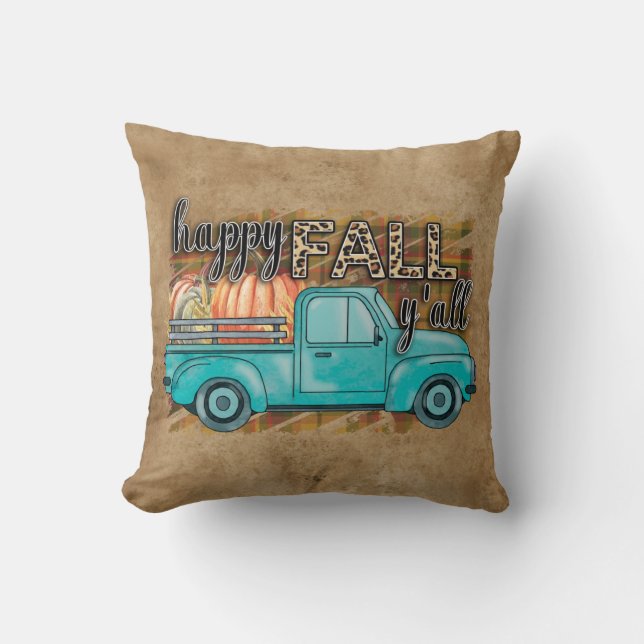 Happy Fall Y'all Pumpkin Farm Truck Throw Pillow (Front)