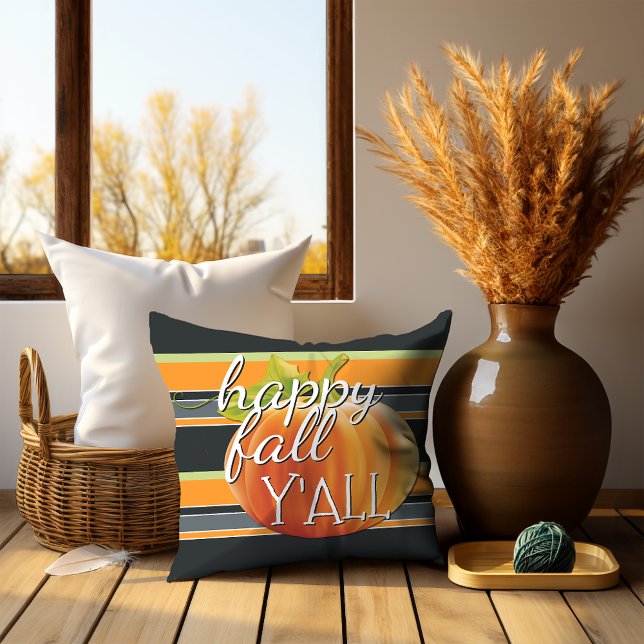 Happy Fall Yall Pumpkin On Vibrant Stripes Pattern Cushion (Creator Uploaded)