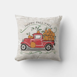 Happy Fall Y'All Quote Vintage Red Truck Pumpkin Cushion