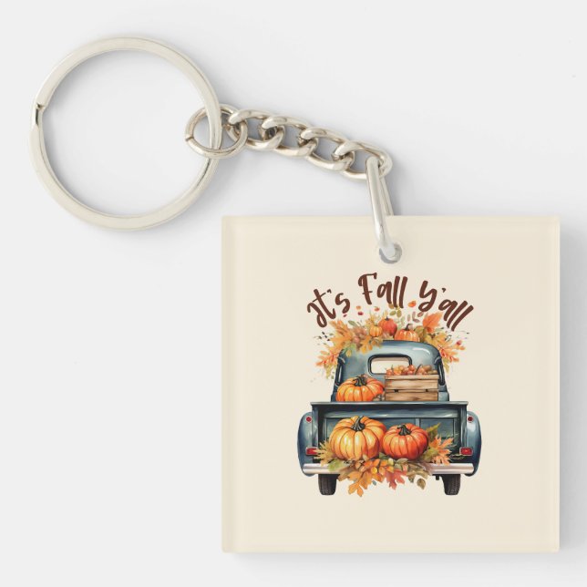 Happy Fall Y'all – Rustic Truck with Pumpkins Key Ring (Front)