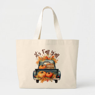 Happy Fall Y'all – Rustic Truck with Pumpkins Large Tote Bag
