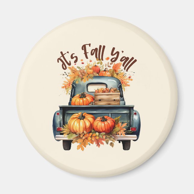 Happy Fall Y'all – Rustic Truck with Pumpkins Magnet (Front)