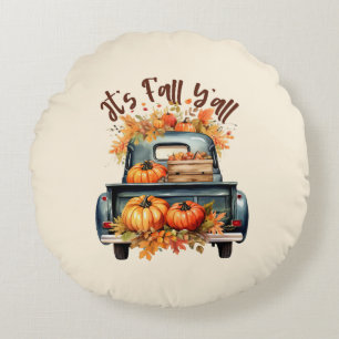 Happy Fall Y'all – Rustic Truck with Pumpkins Round Cushion