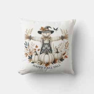 Happy Fall Y'all Scarecrow and Autumn Foliage Cushion