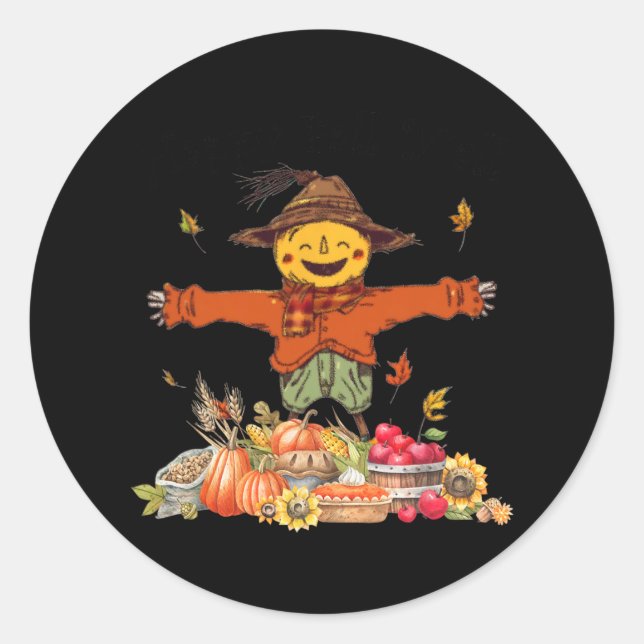 happy fall yall scarecrow pumpkin thanksgiving hal classic round sticker (Front)