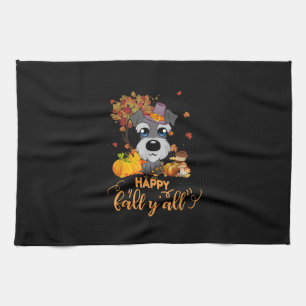 happy fall yall schnauzer dog thanksgiving tea towel