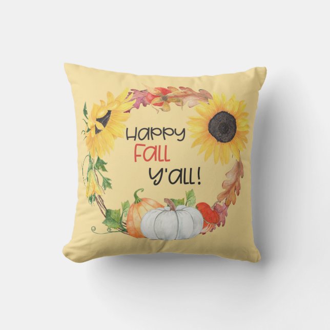 Happy Fall Y'all Sunflower Pumpkin Wreath Cushion (Front)