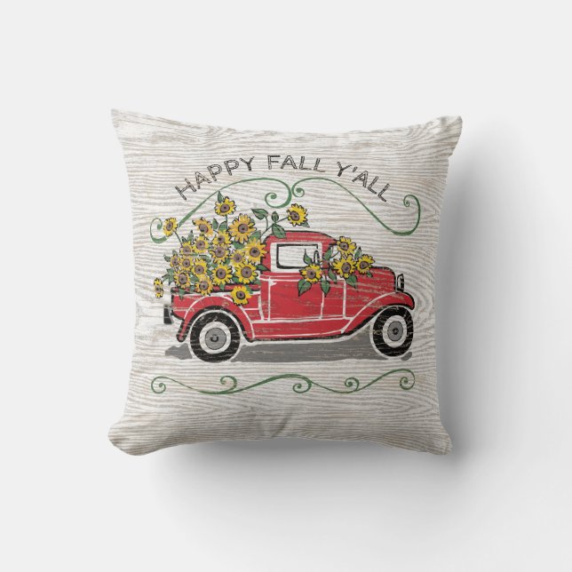 Happy Fall Y'all Sunflower Vintage Red Truck Cushion (Front)