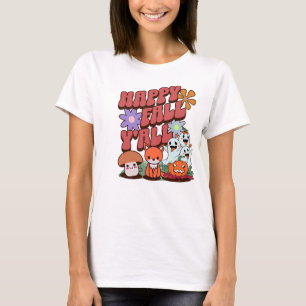 Happy Fall Yall Whimsical Ghost Flowers Fox Mushro T-Shirt