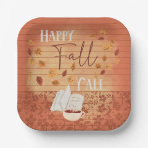 Happy Fall Y'all with Coffee and Autumn Leaves Paper Plate