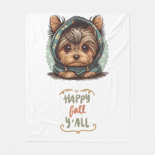 Happy Fall Y'all Yorkshire Terrier Autumn Hoodie Fleece Blanket