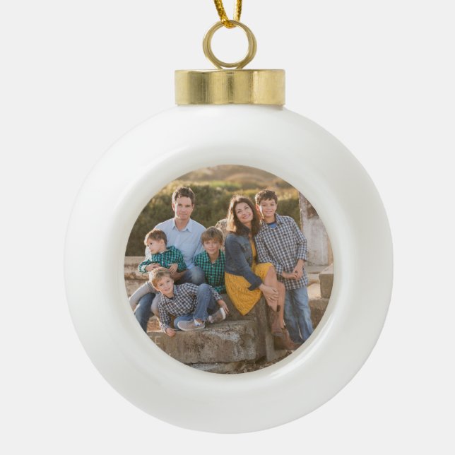 Happy Family Photo Ceramic Ball Christmas Ornament (Front)