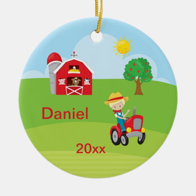 Happy Farm Boy Barn Tractor Animals Blonde Ceramic Tree Decoration (Front)
