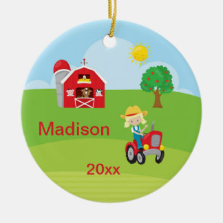 Happy Farm Girl Barn Tractor Animals Blonde Ceramic Tree Decoration