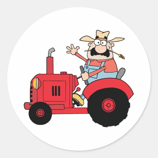 Happy Farmer In Red Tractor  Waving A Greeting Classic Round Sticker (Front)
