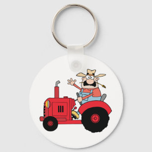 Happy Farmer In Red Tractor Waving A Greeting Key Ring
