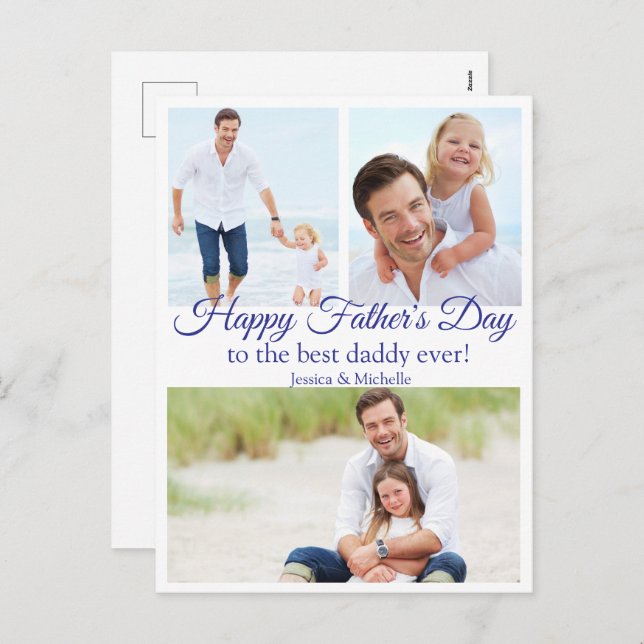 happy fathers day, 3 photos collage modern blue holiday postcard (Front/Back)