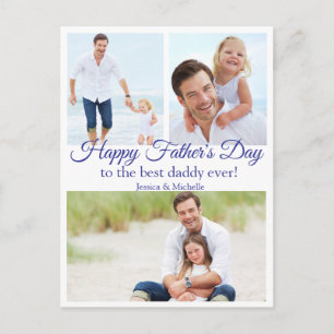 happy fathers day, 3 photos collage modern blue holiday postcard