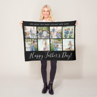 Happy Father's Day 8 Photo Collage Custom Black Fleece Blanket