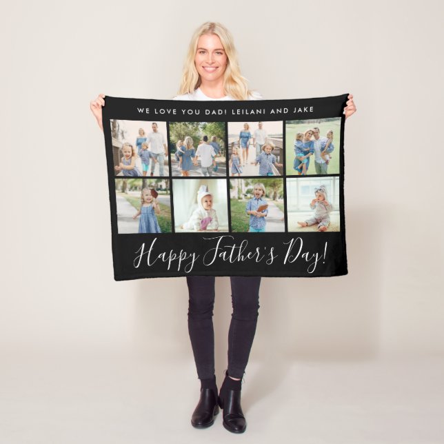 Happy Father's Day 8 Photo Collage Custom Black Fleece Blanket (In Situ)