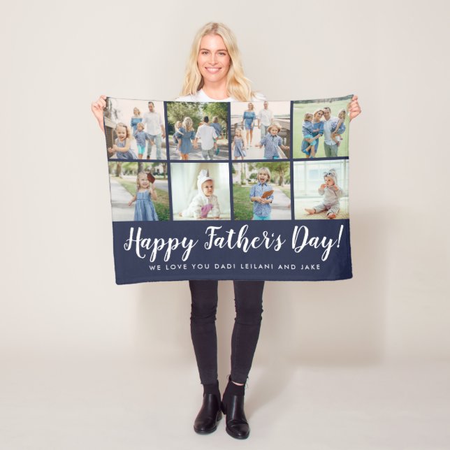 Happy Father's Day 8 Photo Collage Navy Fleece Blanket (In Situ)