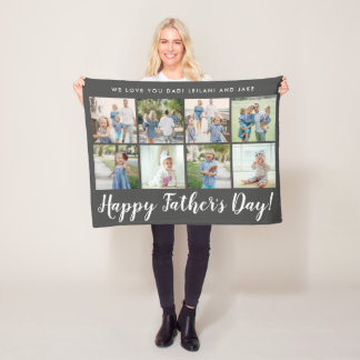 Happy Father's Day 8 Photo Custom Message | Grey Fleece Blanket