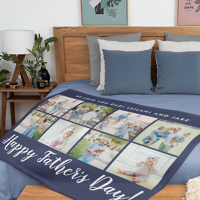 Happy Father's Day 8 Photo Custom Message | Navy Fleece Blanket (Creator Uploaded)