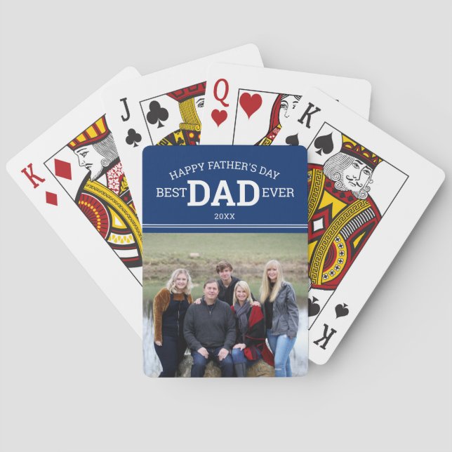 Happy Father's Day Best Dad Ever Family Photo Blue Playing Cards (Back)