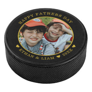 Happy Father's Day Black And Gold Kids Photo   Hockey Puck