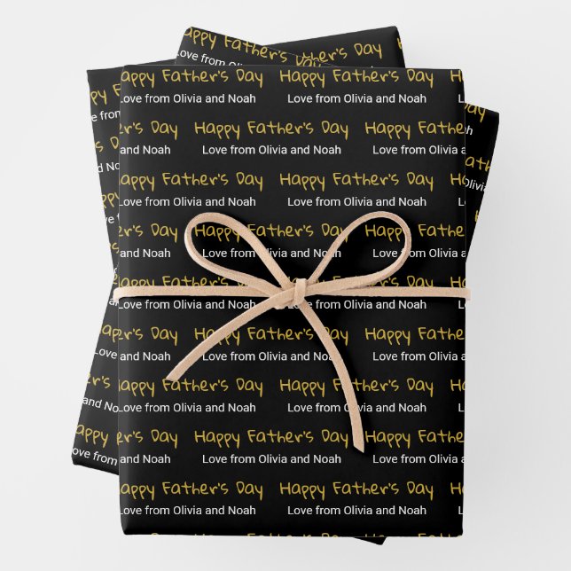 Happy Father's Day Black White Children Names Wrapping Paper Sheet (In situ)