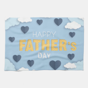 Happy Father's Day blue hearts in the sky Tea Towel