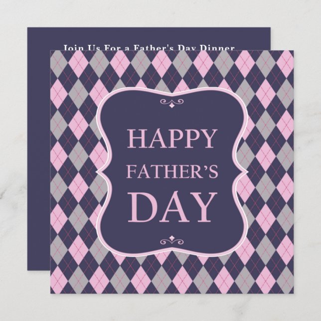 Happy Fathers Day Blue Pink Grey Argyle Dinner Invitation (Front/Back)