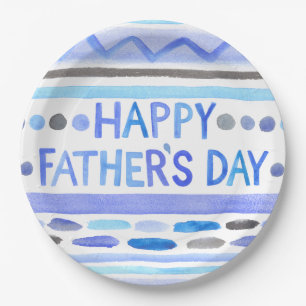 Happy Father's Day Blue Watercolor Stripes Paper Plate