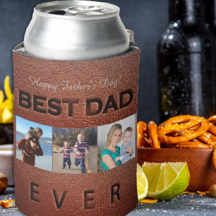 Happy Father's Day brown leather 3 photo collage Can Cooler