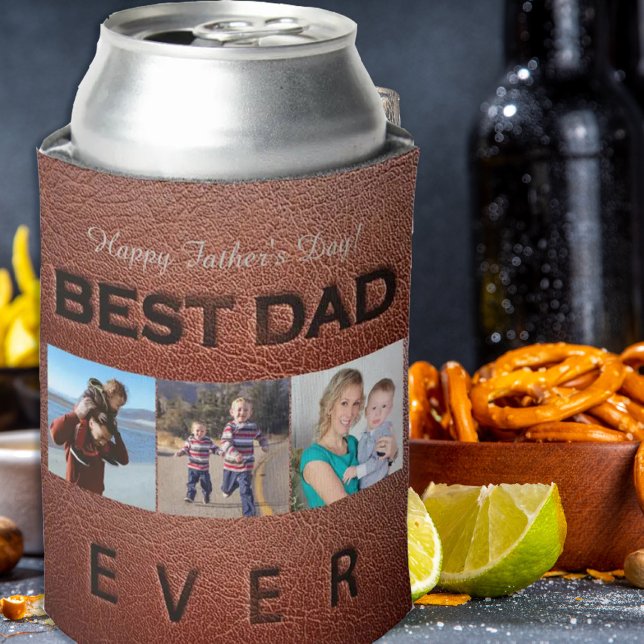 Happy Father's Day brown leather 3 photo collage Can Cooler (Creator Uploaded)