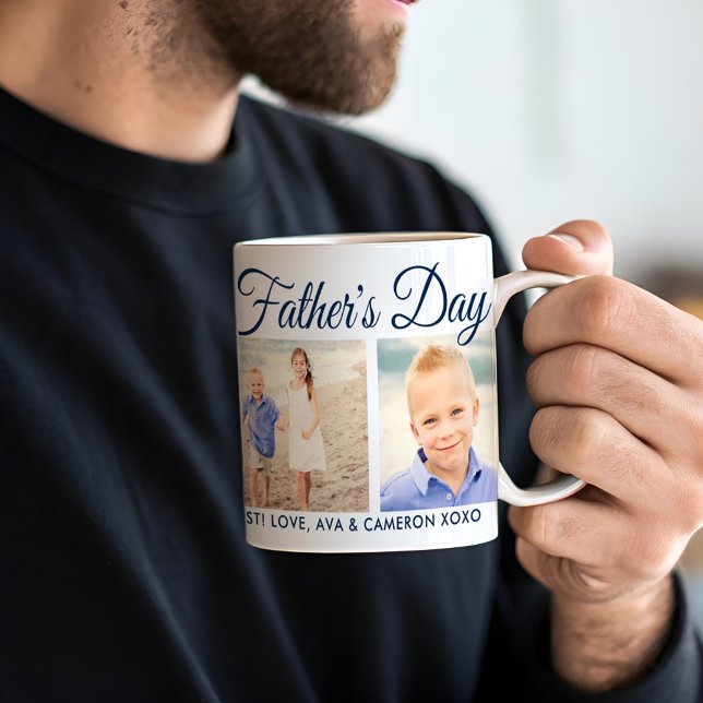 Happy Father's Day Dad Blue Script Photo Collage Coffee Mug (Creator Uploaded)