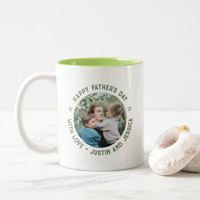 Happy Father's Day Dad Daughter Son Custom Photo Two-Tone Coffee Mug (With Donut)