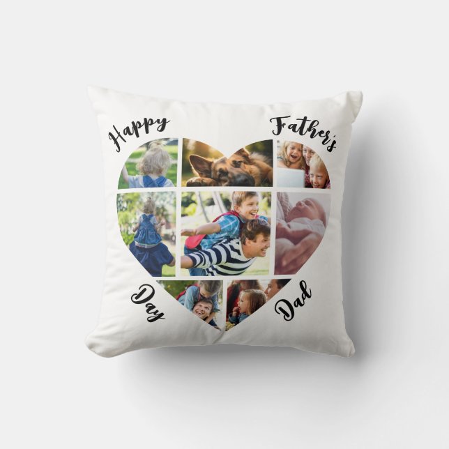 Happy Father's Day Dad Heart Shaped Photo Collage Cushion (Front)