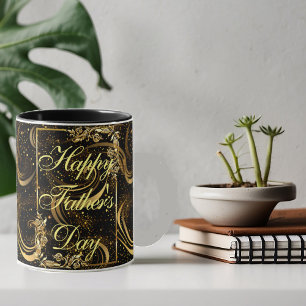 Happy Father's Day Gold Calligraphy Black Swirls Mug