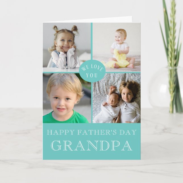 Happy Father's Day Grandpa Aqua Photo Collage Card (Front)
