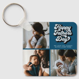 Happy Fathers Day Groovy Retro Three Photo   Teal  Key Ring