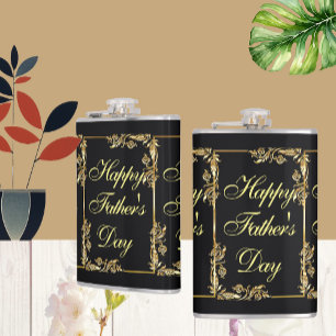Happy Fathers Day Modern Calligraphy Leafy Swirls Hip Flask