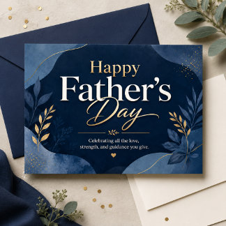 Happy Fathers Day Navy Gold Botanical Leaf Dad Art Postcard