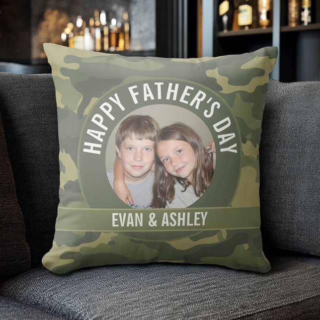 Happy Father's Day - Photo Camouflage Green Cushion (Custom Photo Pillow)